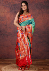Cross Green Pure Paithani Silk Saree With Blouse Piece
