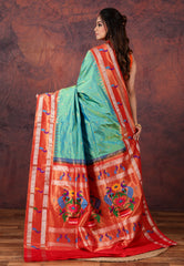 Cross Green Pure Paithani Silk Saree With Blouse Piece