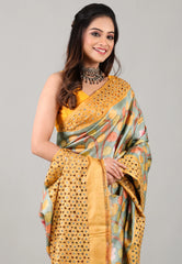 Aqua Grey Pure Tussar Kantha Silk Saree With Blouse Piece - Adi Akshoy & Co.