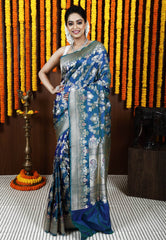 Peacock Blue Kadwa Pure Silk Banarasi Saree with Blouse Piece - Adi Akshoy & Co.