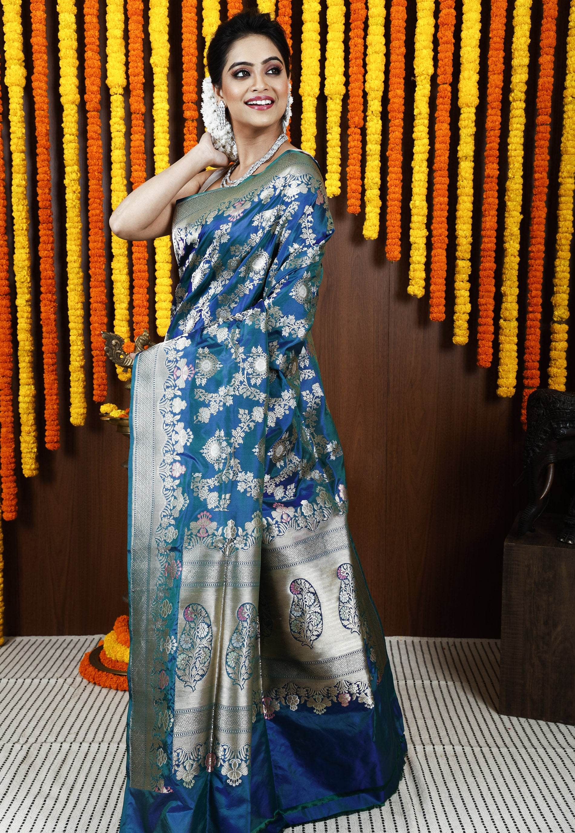 Peacock Blue Kadwa Pure Silk Banarasi Saree with Blouse Piece - Adi Akshoy & Co.