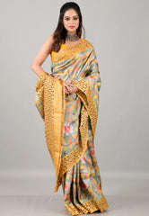Aqua Grey Pure Tussar Kantha Silk Saree With Blouse Piece - Adi Akshoy & Co.