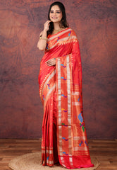 Red Pure Paithani Silk Saree With Blouse Piece - Adi Akshoy & Co.