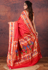 Red Pure Paithani Silk Saree With Blouse Piece - Adi Akshoy & Co.