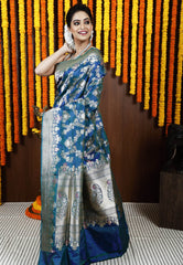 Peacock Blue Kadwa Pure Silk Banarasi Saree with Blouse Piece - Adi Akshoy & Co.