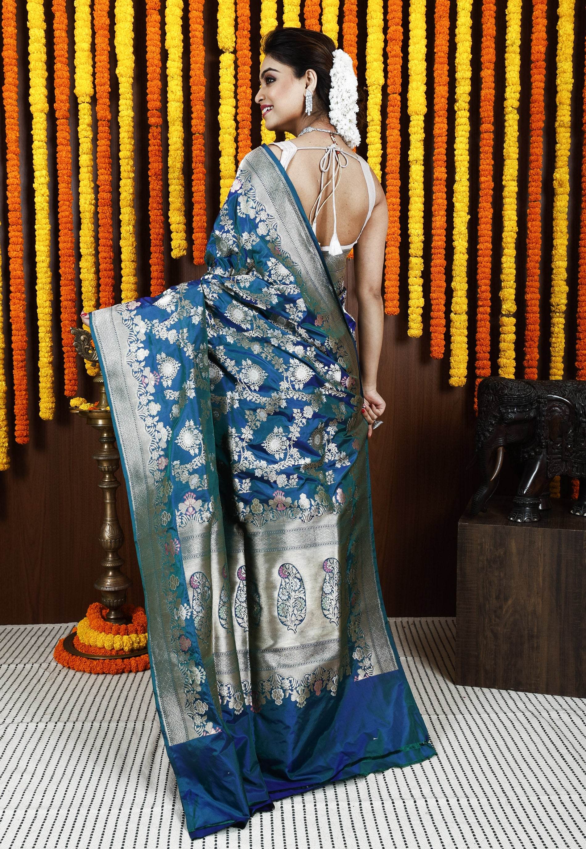 Peacock Blue Kadwa Pure Silk Banarasi Saree with Blouse Piece - Adi Akshoy & Co.