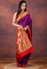 Magenta Green Pure Paithani Silk Saree With Blouse Piece - Adi Akshoy & Co.