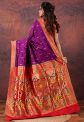 Magenta Green Pure Paithani Silk Saree With Blouse Piece - Adi Akshoy & Co.