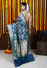 Peacock Blue Kadwa Pure Silk Banarasi Saree with Blouse Piece - Adi Akshoy & Co.