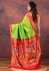 Parrot Green Pure Paithani Silk Saree With Blouse Piece - Adi Akshoy & Co.