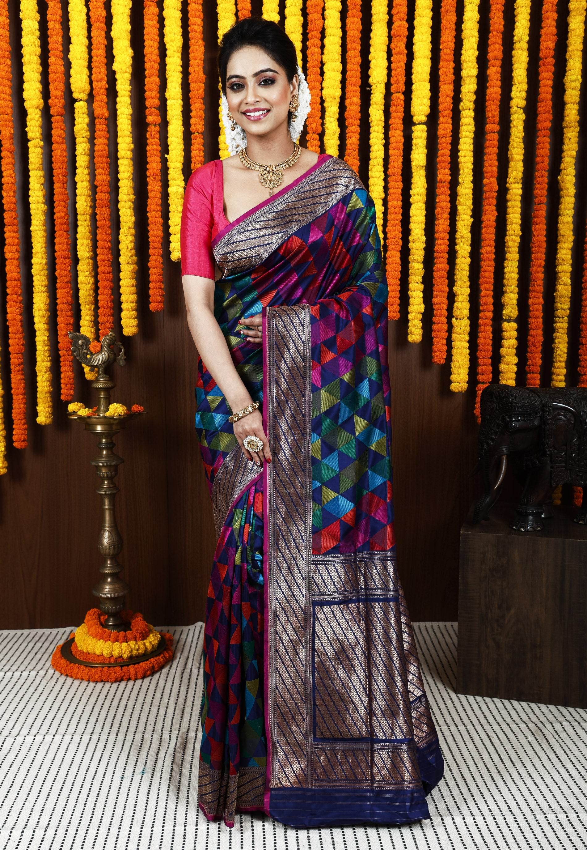 Multi color Kadwa Pure Silk Banarasi Saree with Blouse Piece - Adi Akshoy & Co.