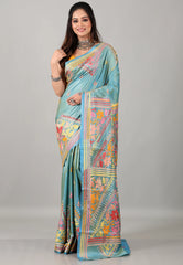 Sea Blue Kantha Silk Saree with Blouse Piece - Adi Akshoy & Co.