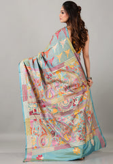 Sea Blue Kantha Silk Saree with Blouse Piece - Adi Akshoy & Co.