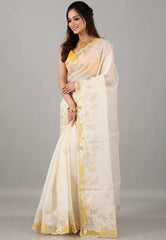 Off White Organza Kantha Saree with Blouse Piece - Adi Akshoy & Co.