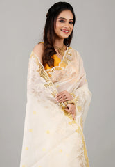 Off White Organza Kantha Saree with Blouse Piece - Adi Akshoy & Co.