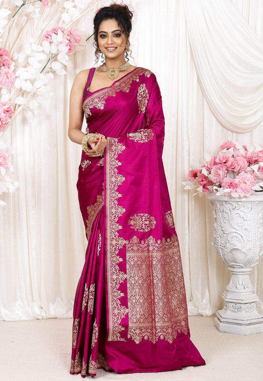Magenta Kadwa Pure Silk Banarasi Saree with Blouse Piece - Adi Akshoy & Co.