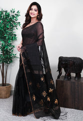 Black Kora Handloom Pure Silk Saree With Blouse Piece - Adi Akshoy & Co.