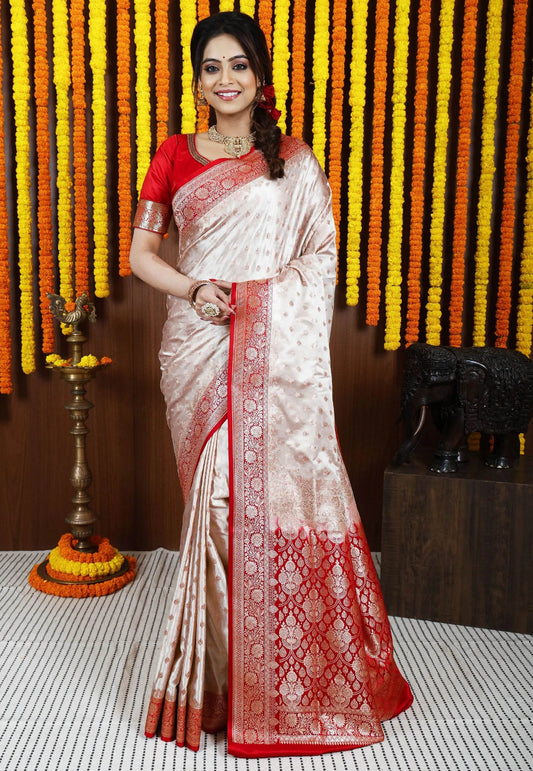 Tussar color with Red Border Korial Banarasi Silk Saree With Blouse Piece - Adi Akshoy & Co.