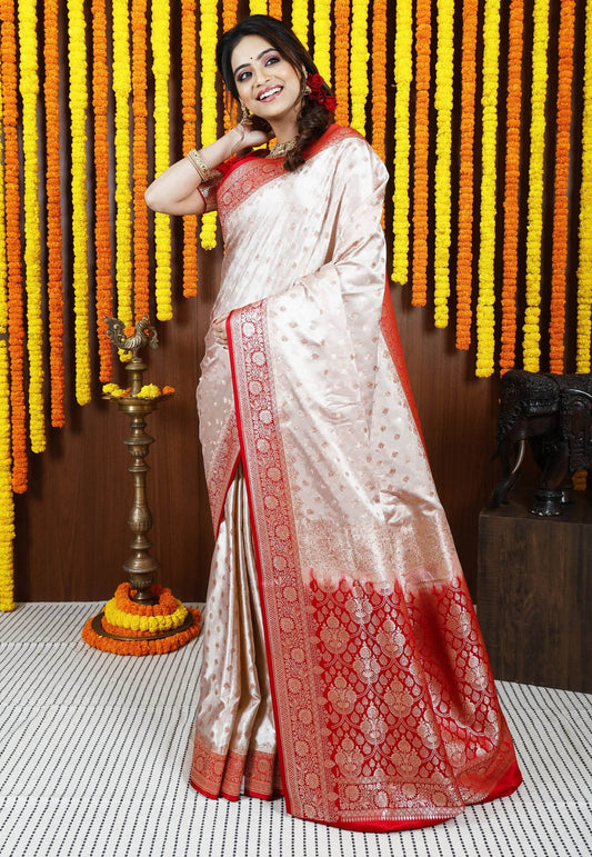 Tussar color with Red Border Korial Banarasi Silk Saree With Blouse Piece - Adi Akshoy & Co.
