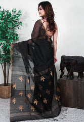 Black Kora Handloom Pure Silk Saree With Blouse Piece - Adi Akshoy & Co.