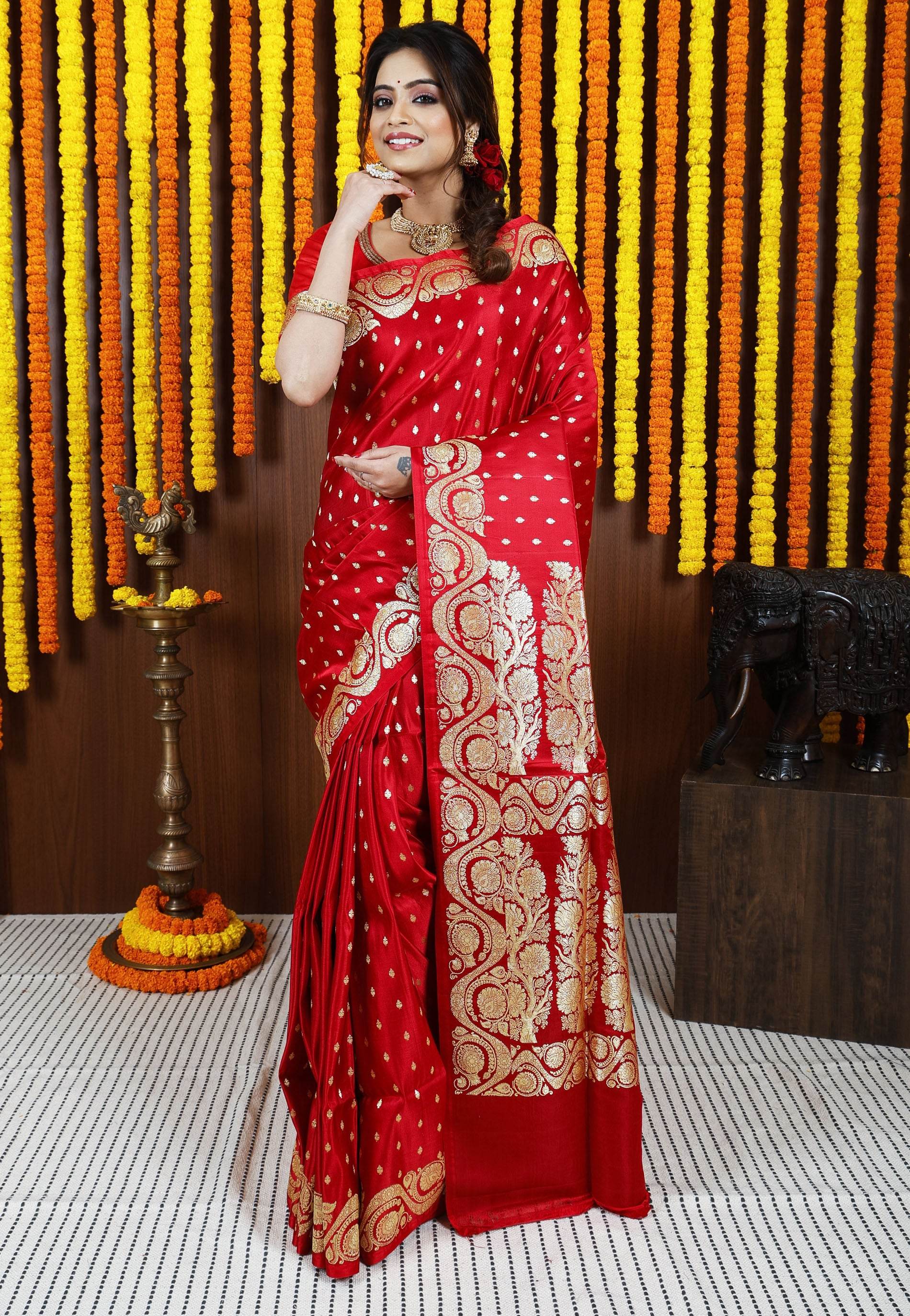 Red Wedding Banarasi Silk Saree with Blouse Piece - Adi Akshoy & Co.