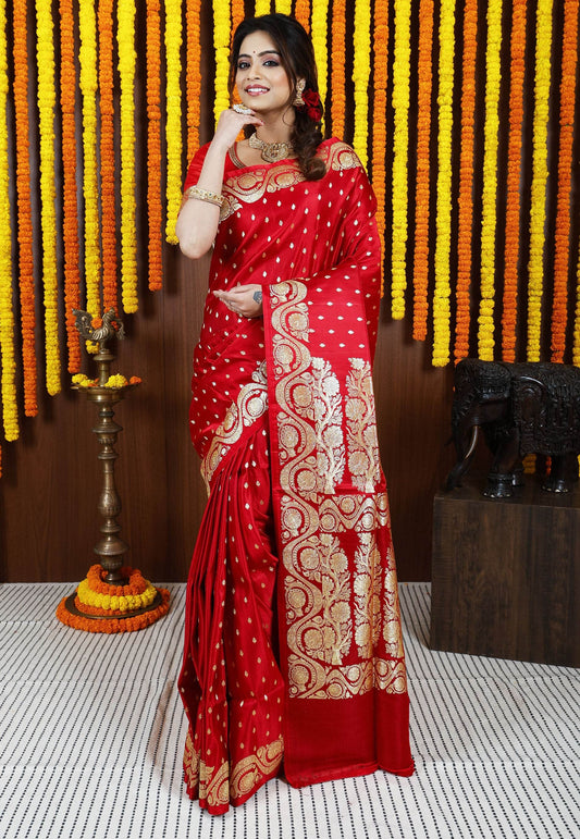 Red Wedding Banarasi Silk Saree with Blouse Piece - Adi Akshoy & Co.