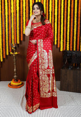 Red Wedding Banarasi Silk Saree with Blouse Piece - Adi Akshoy & Co.