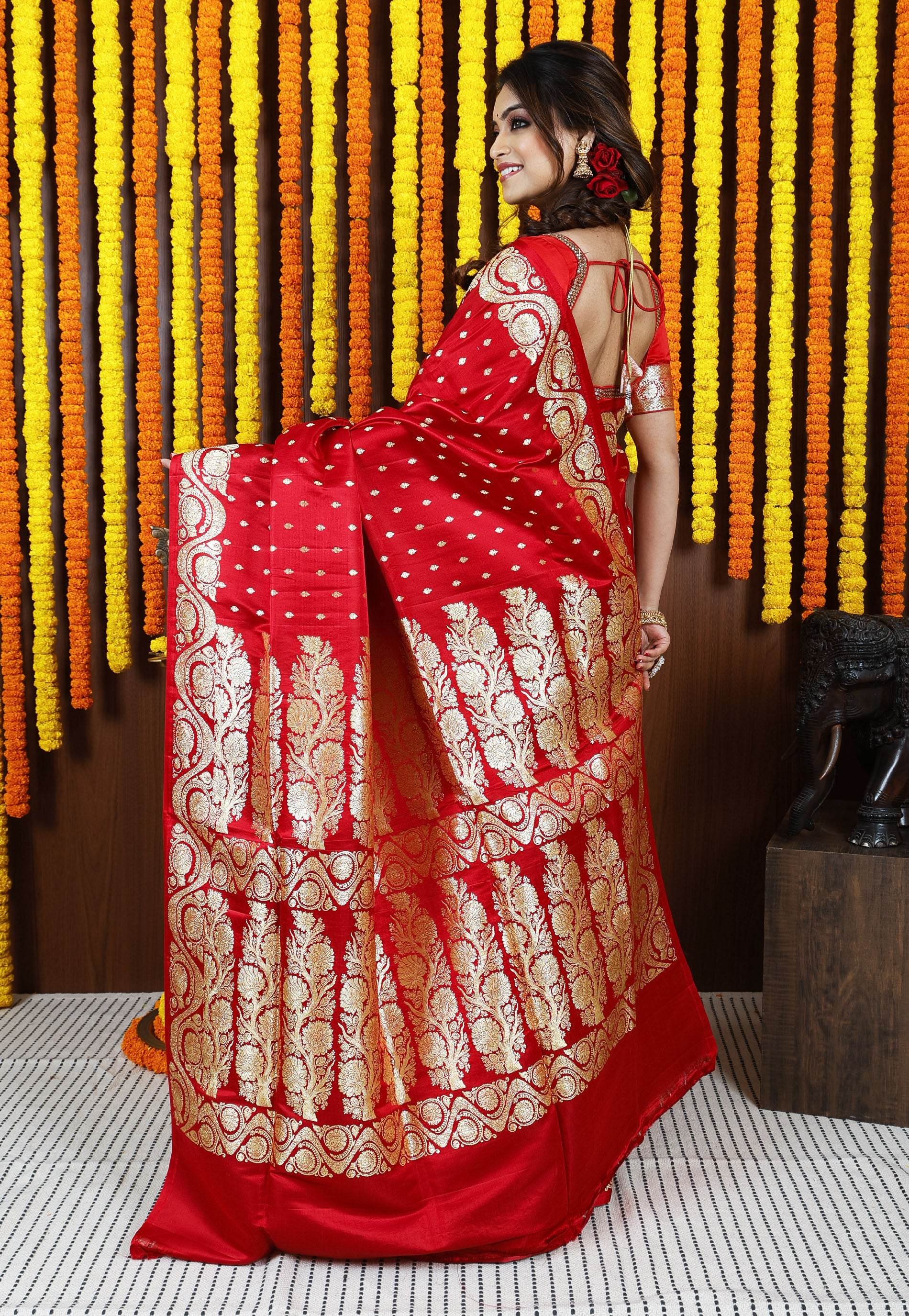 Red Wedding Banarasi Silk Saree with Blouse Piece - Adi Akshoy & Co.