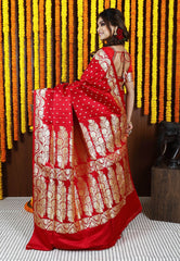 Red Wedding Banarasi Silk Saree with Blouse Piece - Adi Akshoy & Co.