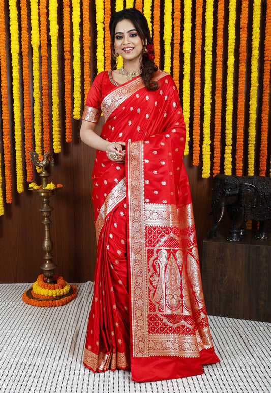Red Wedding Banarasi Silk Saree with Blouse Piece - Adi Akshoy & Co.