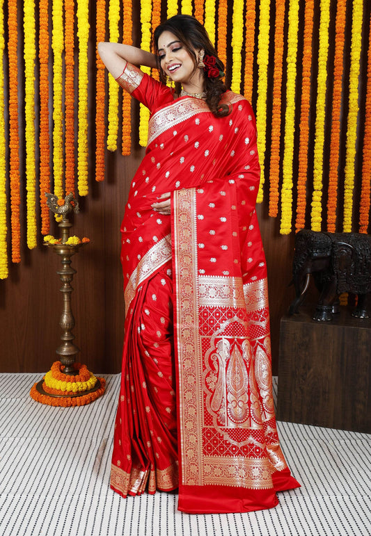 Red Wedding Banarasi Silk Saree with Blouse Piece - Adi Akshoy & Co.