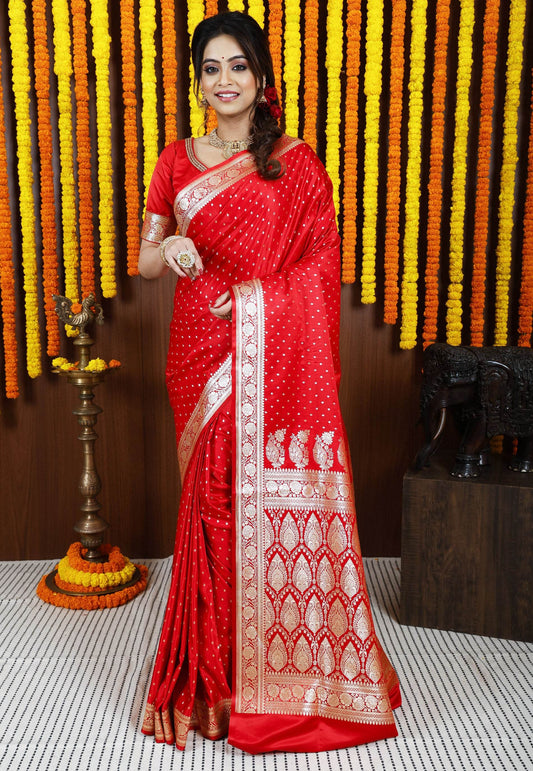 Red Wedding Banarasi Silk Saree with Blouse Piece - Adi Akshoy & Co.