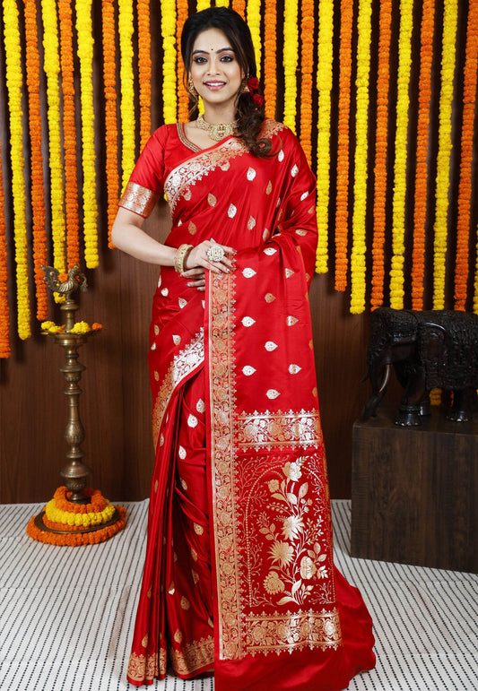 Red Wedding Banarasi Silk Saree with Blouse Piece - Adi Akshoy & Co.