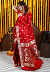 Red Wedding Banarasi Silk Saree with Blouse Piece - Adi Akshoy & Co.