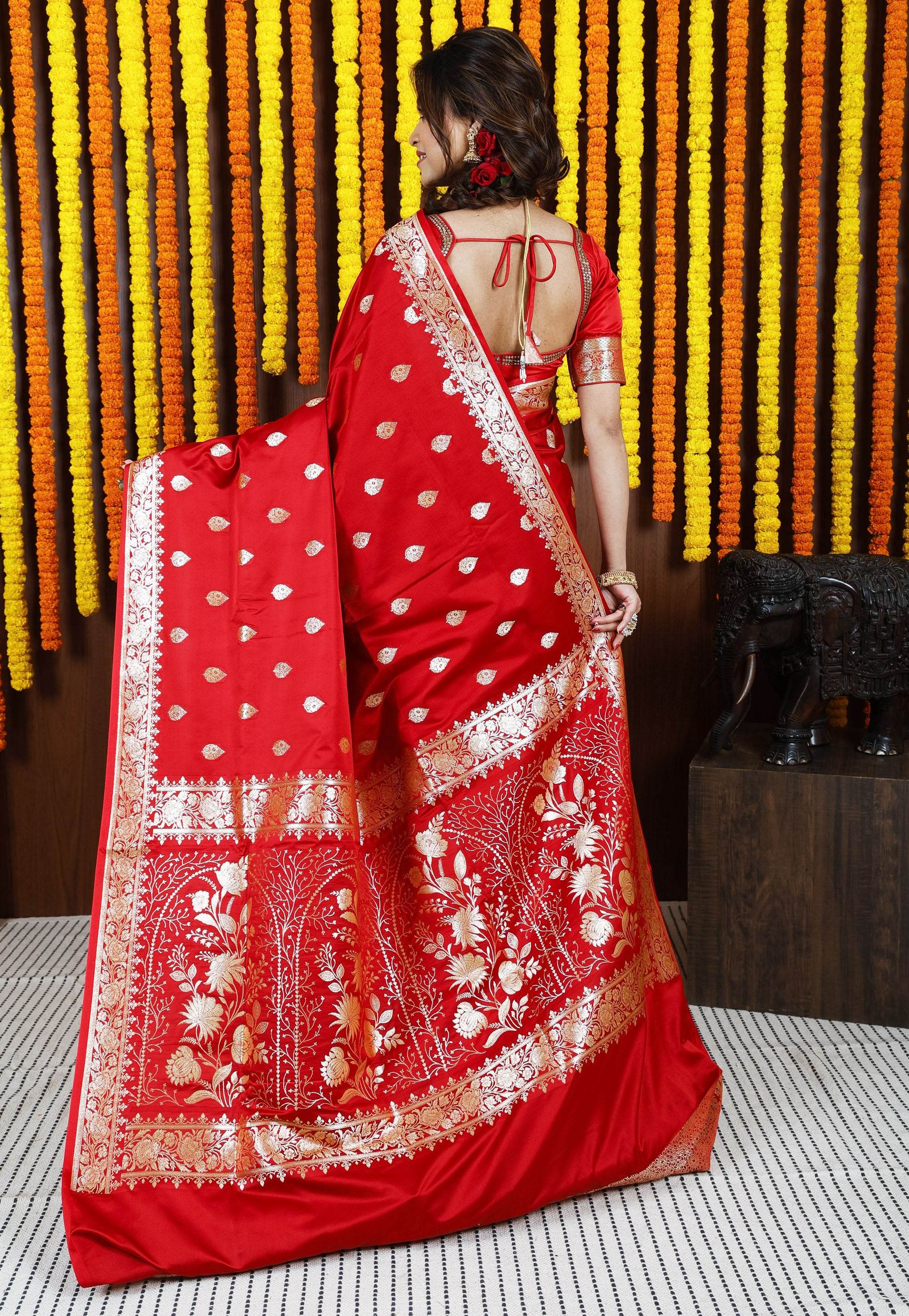 Red Wedding Banarasi Silk Saree with Blouse Piece - Adi Akshoy & Co.