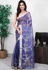 Blue Kora Handloom Pure Silk Saree With Blouse Piece - Adi Akshoy & Co.