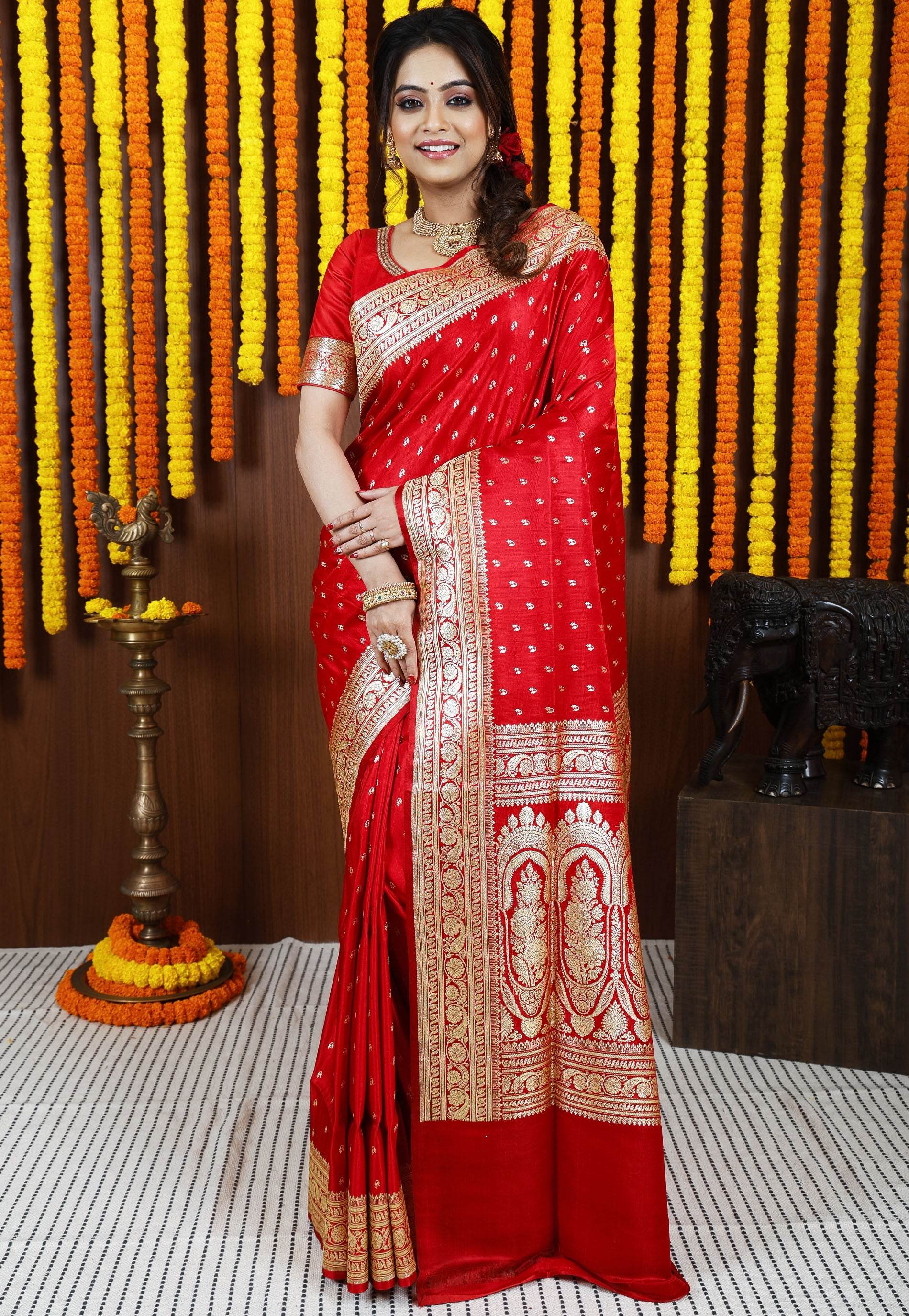 Red Wedding Banarasi Silk Saree with Blouse Piece - Adi Akshoy & Co.