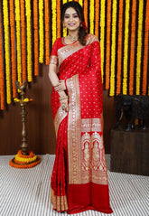 Red Wedding Banarasi Silk Saree with Blouse Piece - Adi Akshoy & Co.