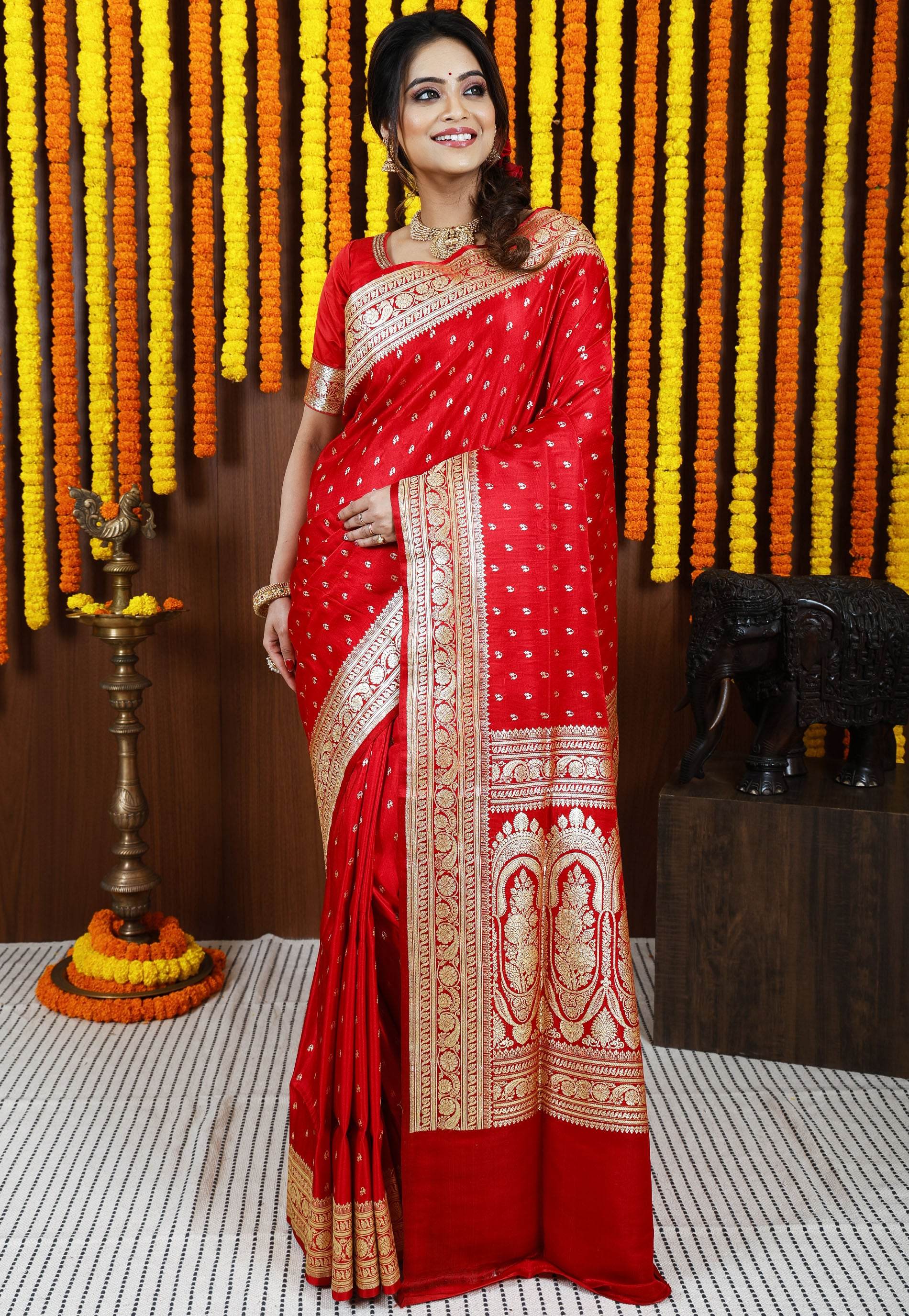 Red Wedding Banarasi Silk Saree with Blouse Piece - Adi Akshoy & Co.