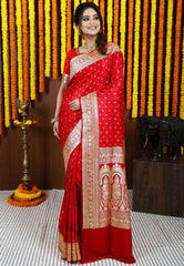 Red Wedding Banarasi Silk Saree with Blouse Piece - Adi Akshoy & Co.