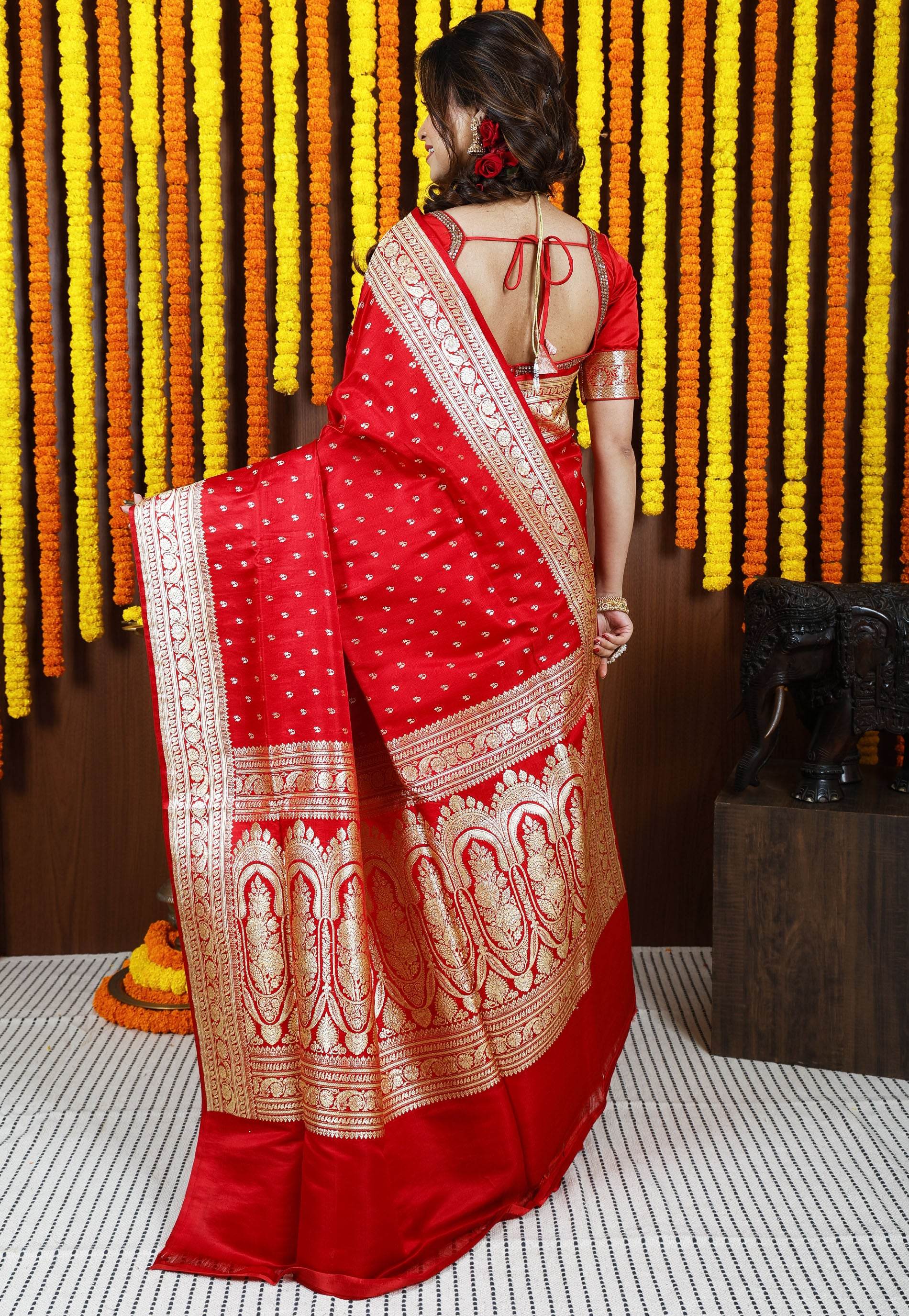 Red Wedding Banarasi Silk Saree with Blouse Piece - Adi Akshoy & Co.