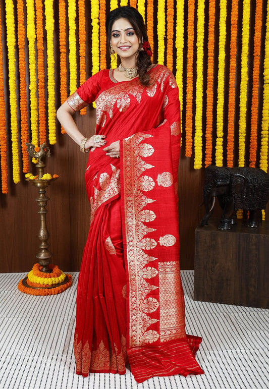 Red Tussar Pure Silk Saree with Blouse Piece - Adi Akshoy & Co.