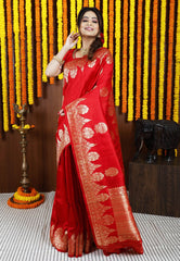 Red Tussar Pure Silk Saree with Blouse Piece - Adi Akshoy & Co.