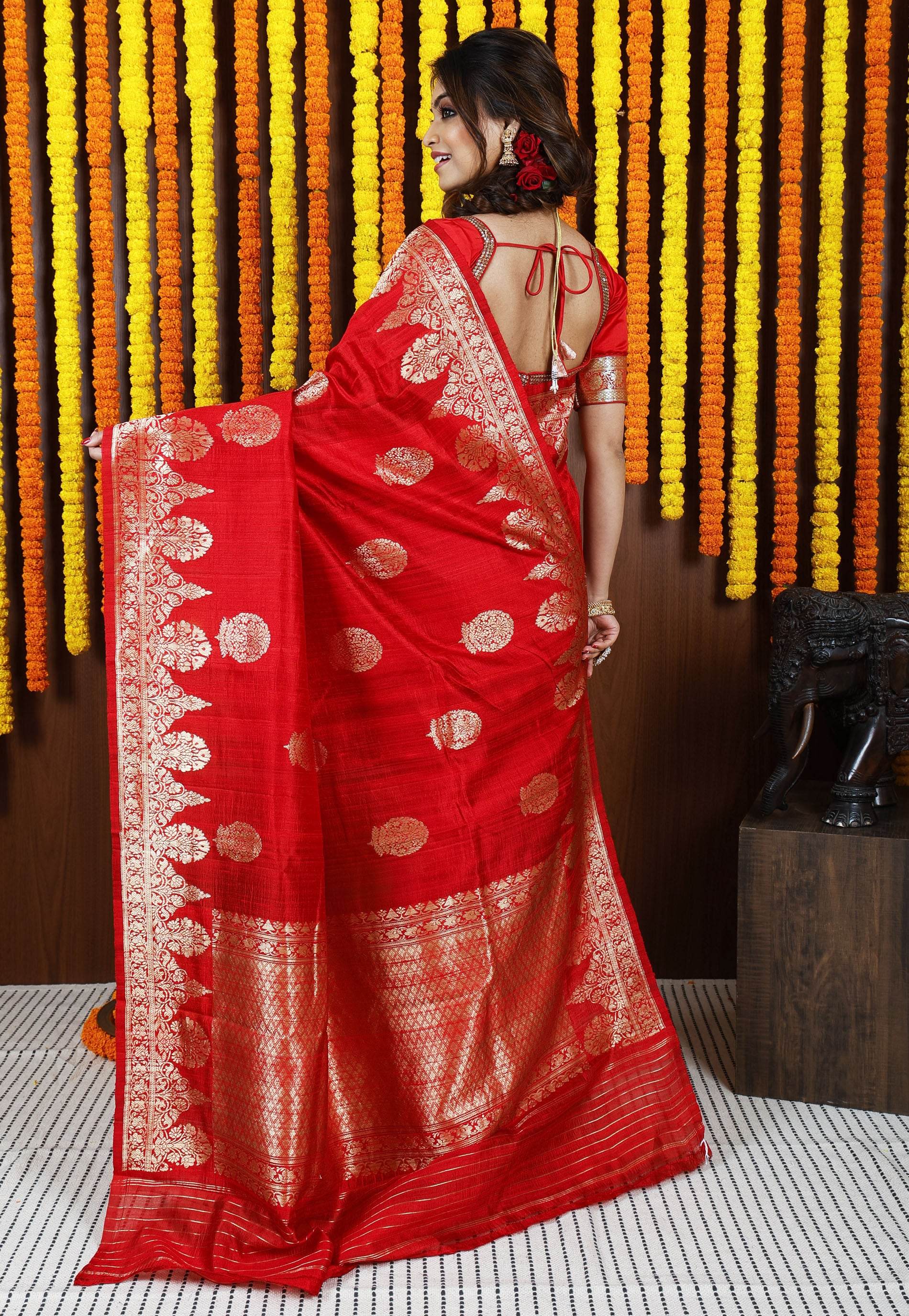 Red Tussar Pure Silk Saree with Blouse Piece - Adi Akshoy & Co.
