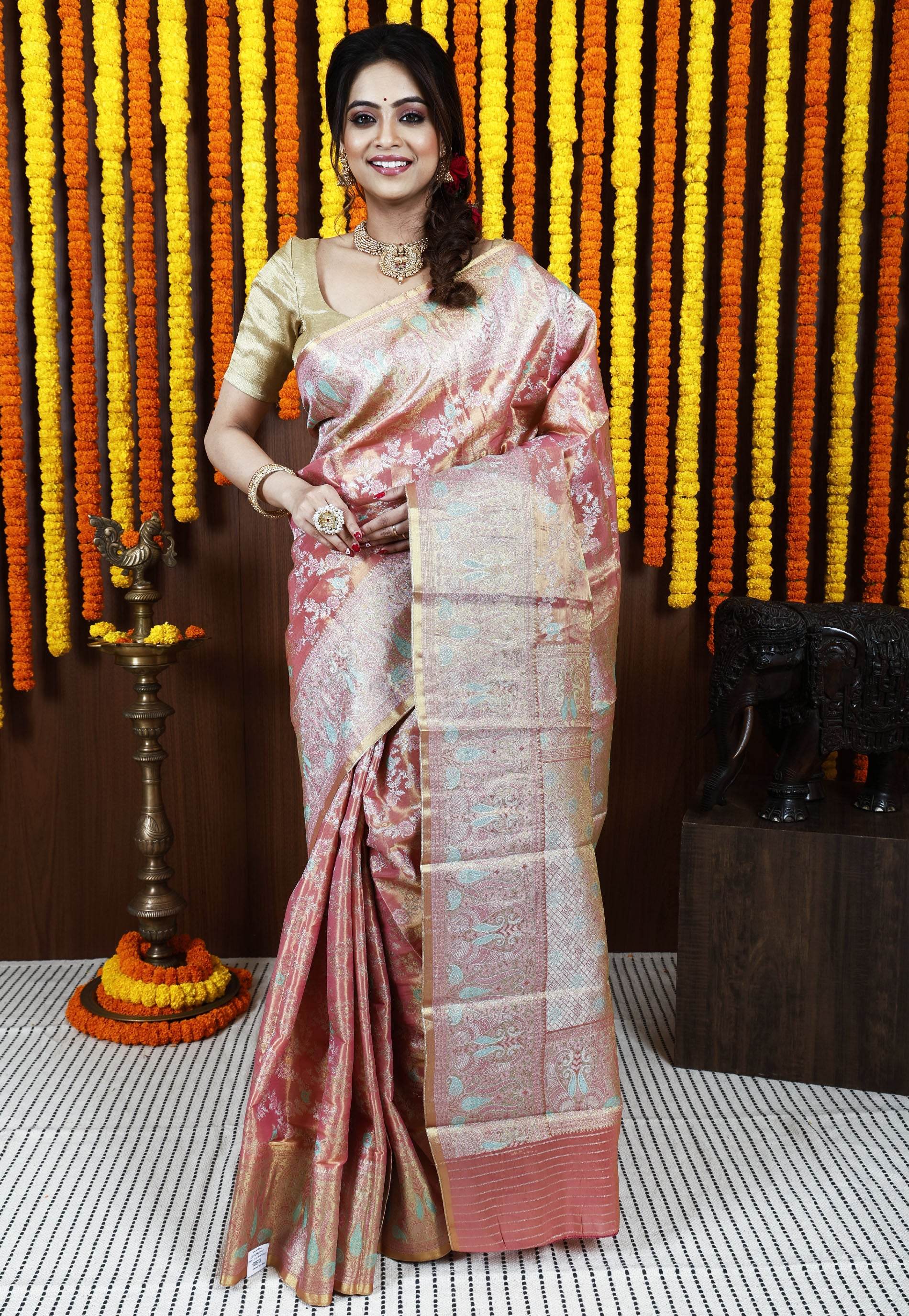 Peach Brocade Tissue Kanjivaram Silk Saree With Blouse Piece - Adi Akshoy & Co.