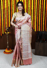 Peach Brocade Tissue Kanjivaram Silk Saree With Blouse Piece - Adi Akshoy & Co.
