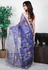 Blue Kora Handloom Pure Silk Saree With Blouse Piece - Adi Akshoy & Co.