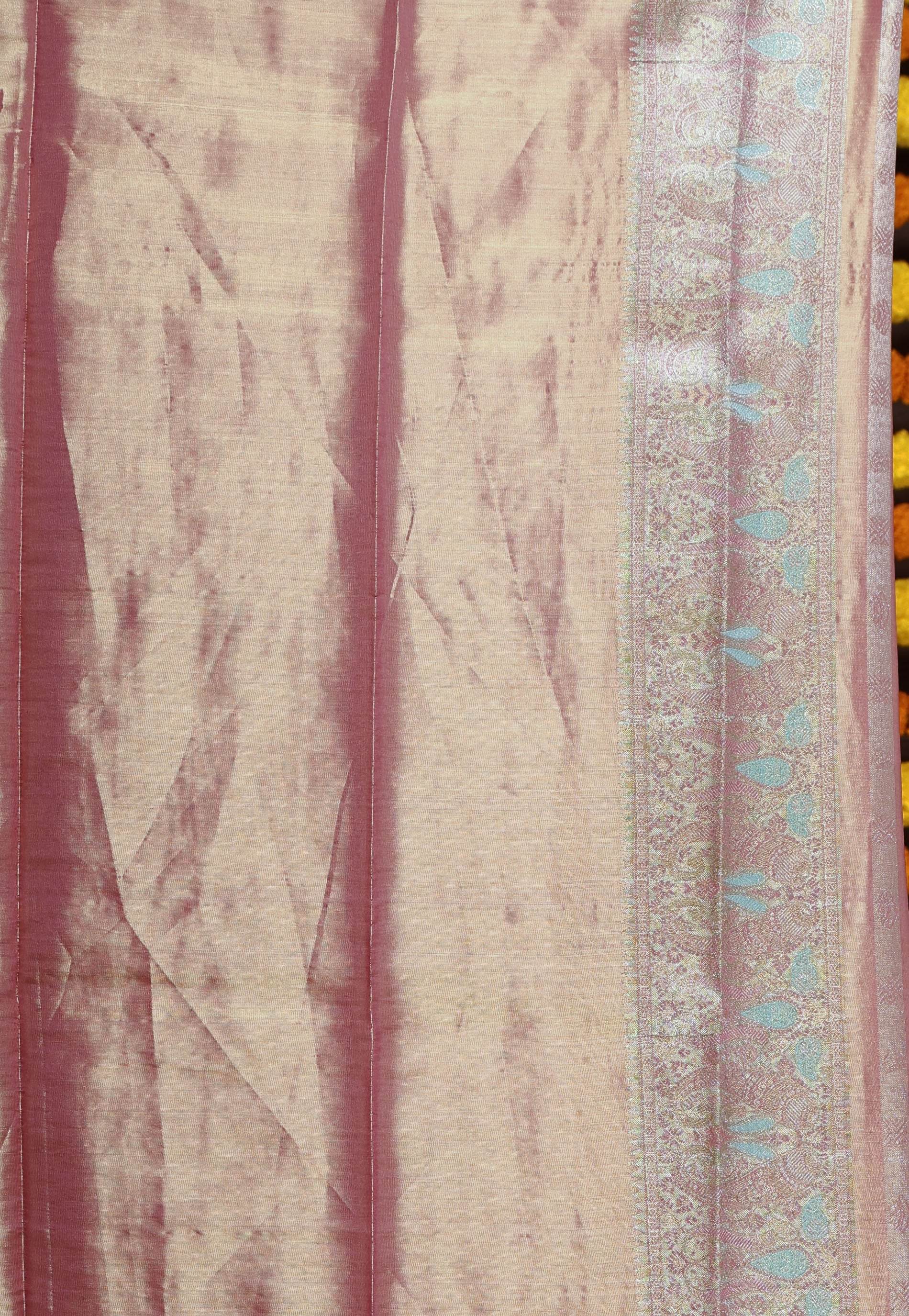 Peach Brocade Tissue Kanjivaram Silk Saree With Blouse Piece - Adi Akshoy & Co.