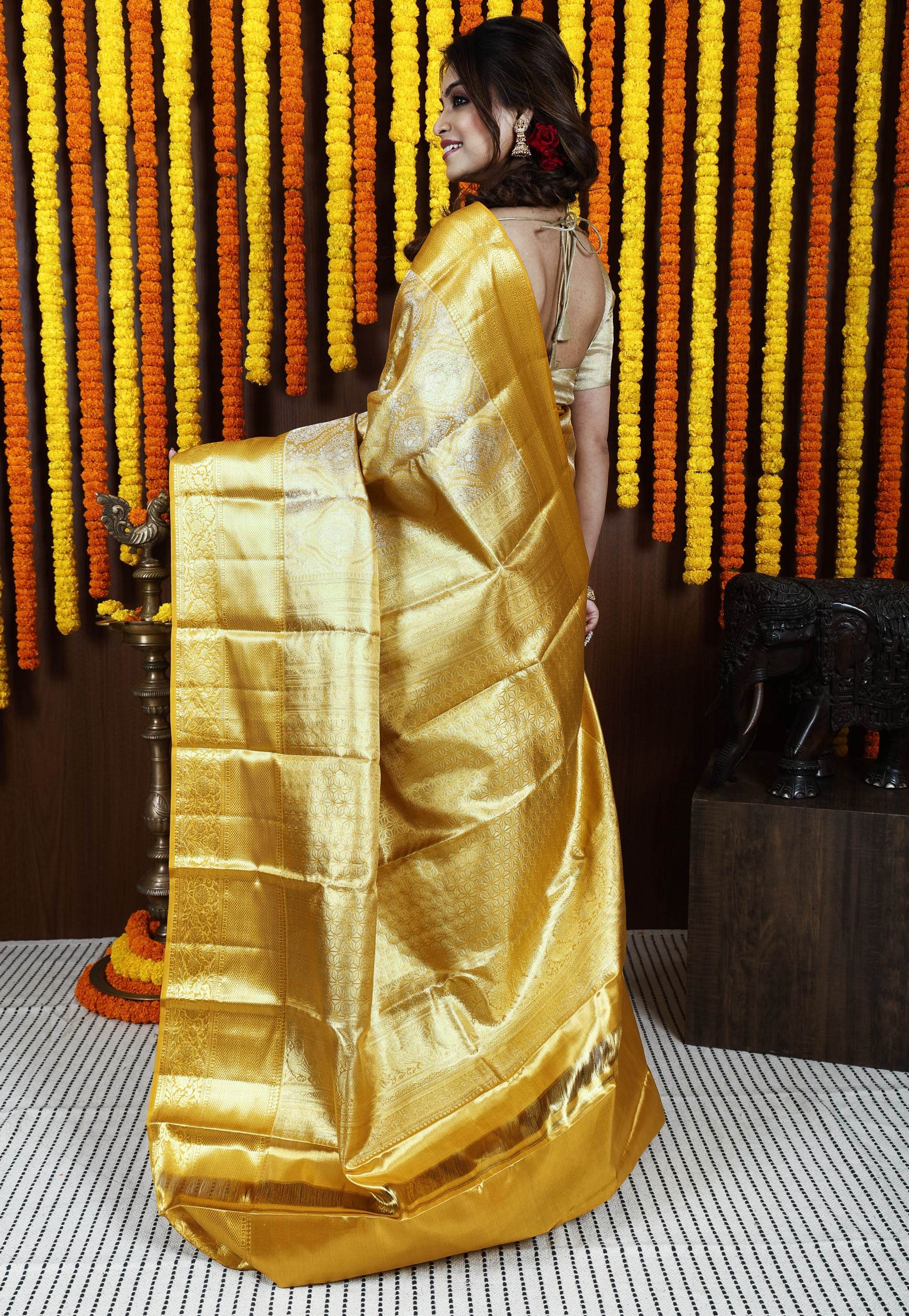 Golden Brocade Tissue Kanjivaram Silk Saree With Blouse Piece - Adi Akshoy & Co.