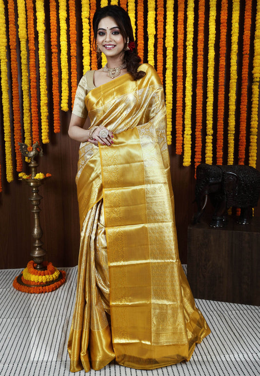 Golden Brocade Tissue Kanjivaram Silk Saree With Blouse Piece - Adi Akshoy & Co.